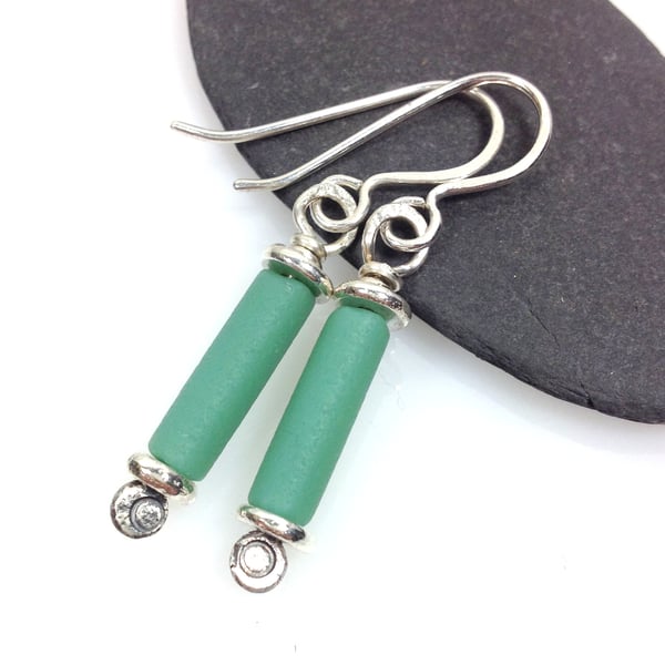 Scrolls silver and blue green matte glass earrings