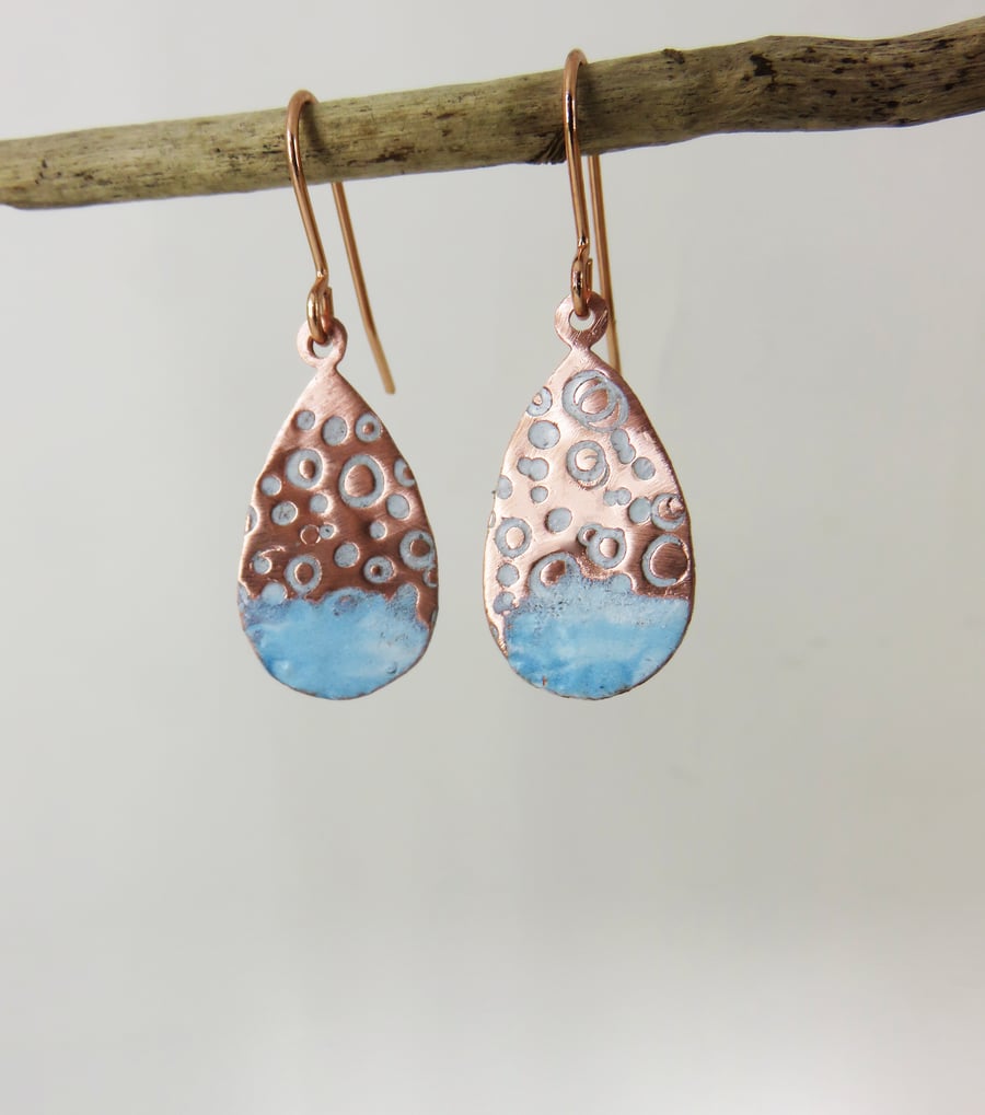 Teardrop Enamel and Textured Copper Dangle Earrings