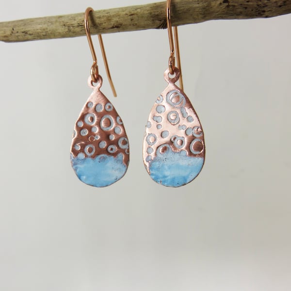 Teardrop Enamel and Textured Copper Dangle Earrings