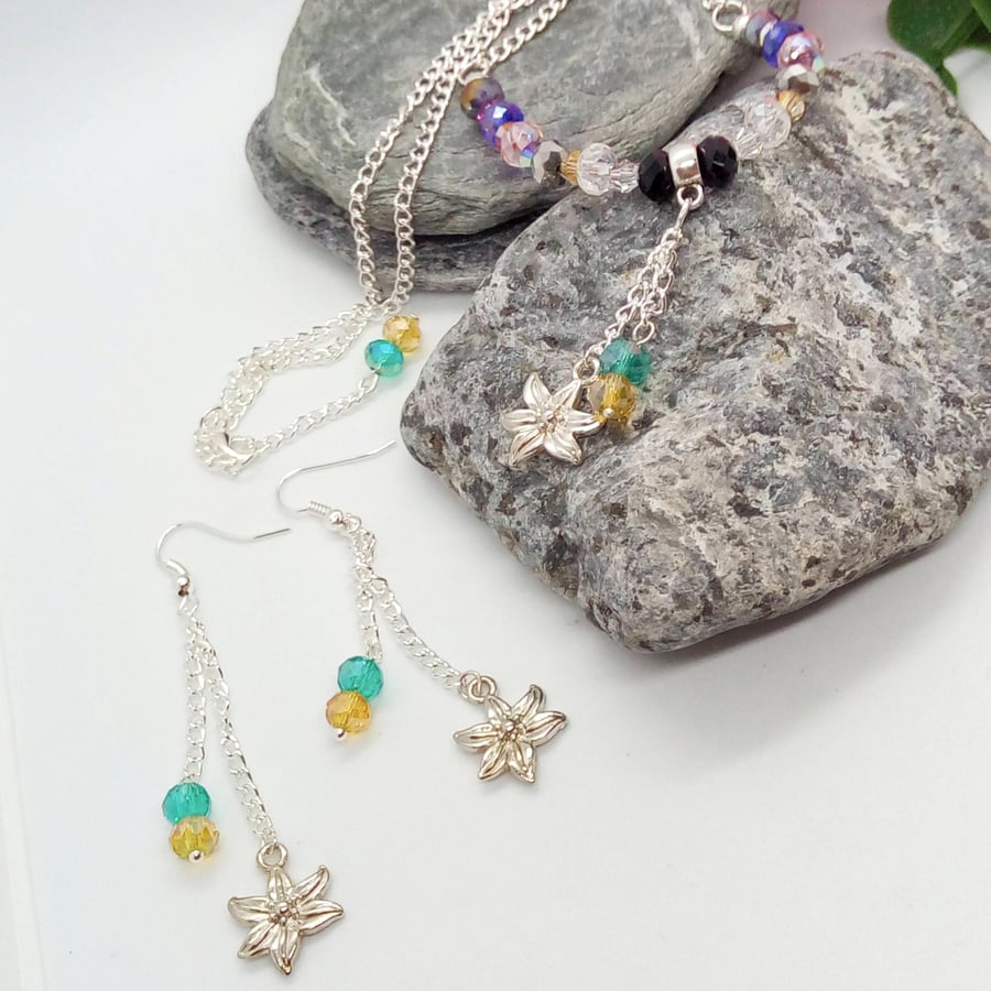 Multi Coloured Crystal Bead and Flower Charm Necklace and Earrings, Gift for Her