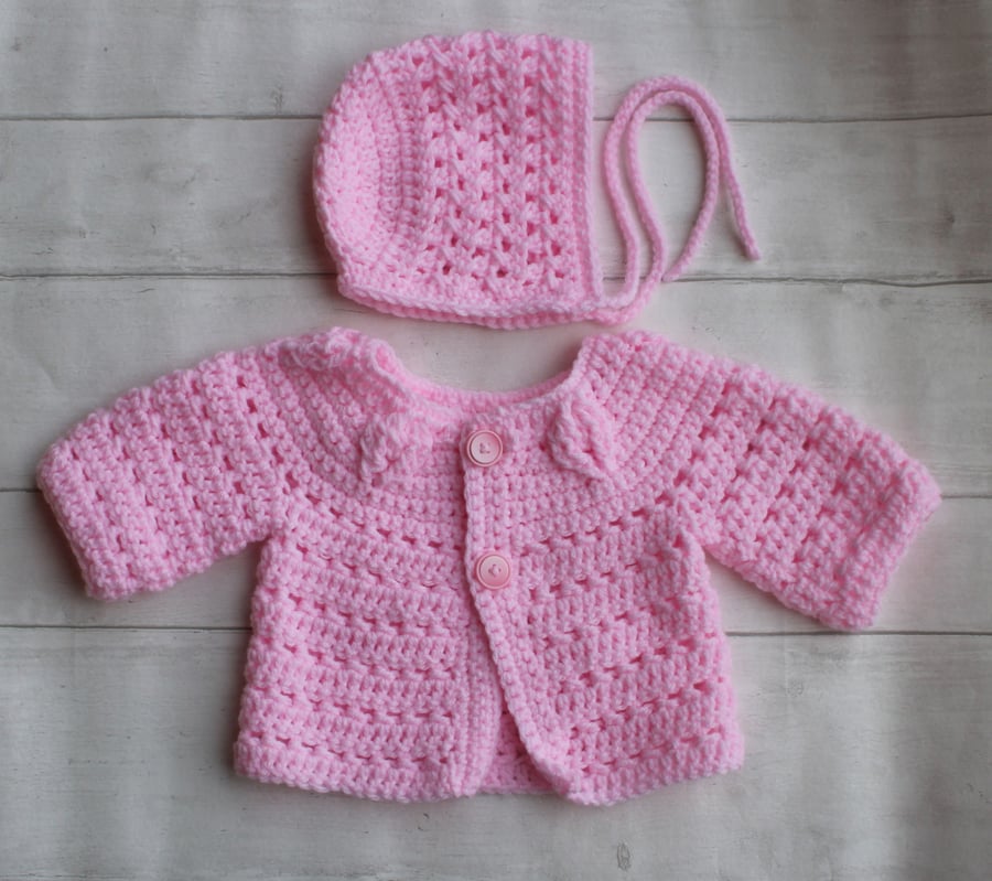 Pink Long Sleeved Cardigan and Bonnet Set - Pink - 3-6 Months Baby Girl