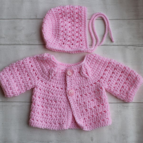 Pink Long Sleeved Cardigan and Bonnet Set - Pink - 3-6 Months Baby Girl