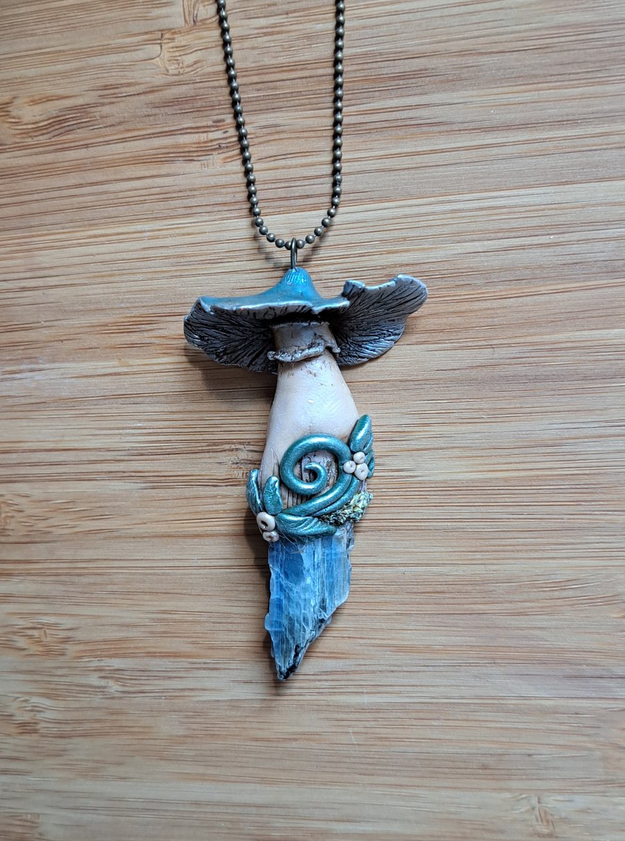 Blue Kyanite Crystal and Polymer Clay Woodland Mushroom Amulet Pendant