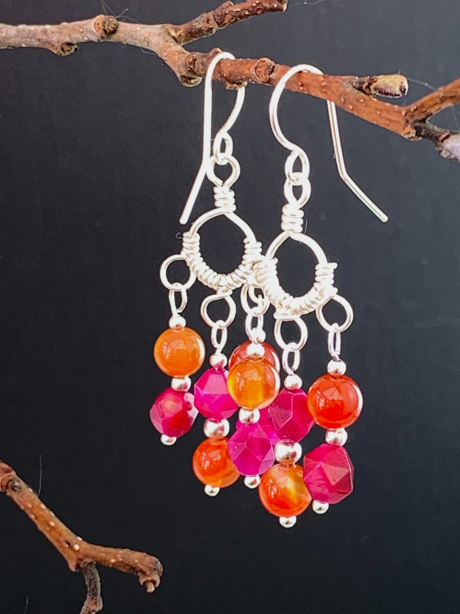 Pair of silver wire wrapped chandelier pink orange gemstone earrings 