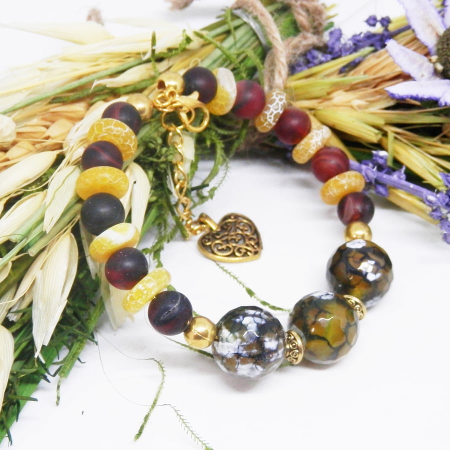 Gold Plated Memory Wire Agate Beaded Bracelet