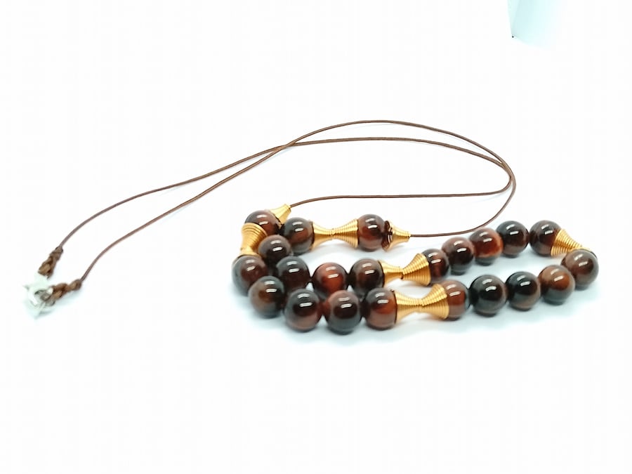 Handstrung tiger's eye with copper wire cup bead necklace