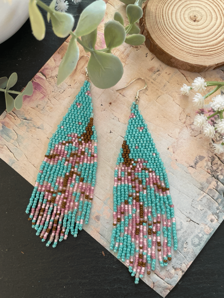 Hand beaded fringe Cherry Blossom earrings, delicate earrings, gift for her