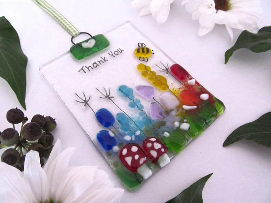 Personalised Toadstool Meadow Fused Glass Suncatcher - Made to Order