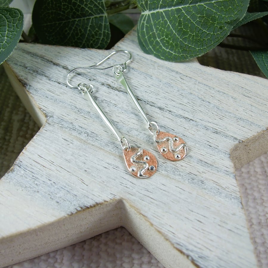 Earrings, Sterling Silver Bar and Copper Teardrop Earrings
