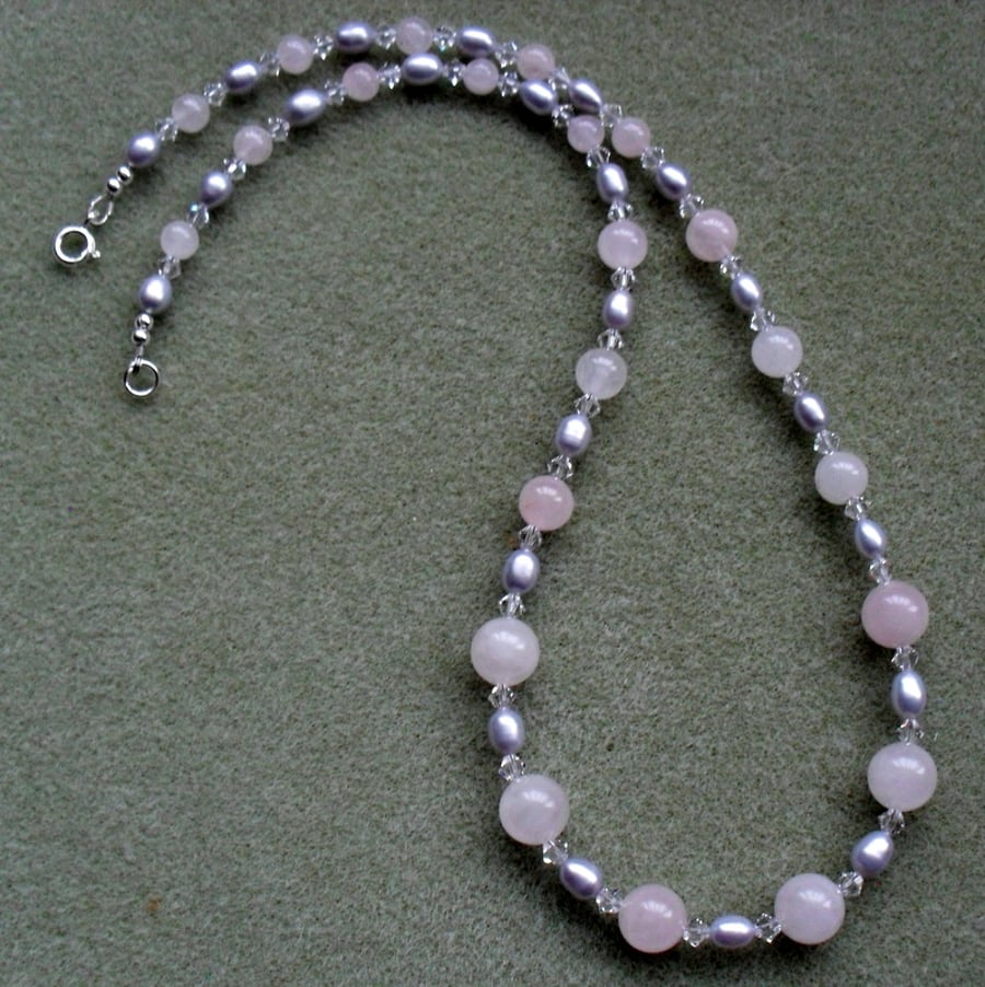 Rose Quartz Freshwater Pearls Crystals from Swarovski Sterling Silver Necklace