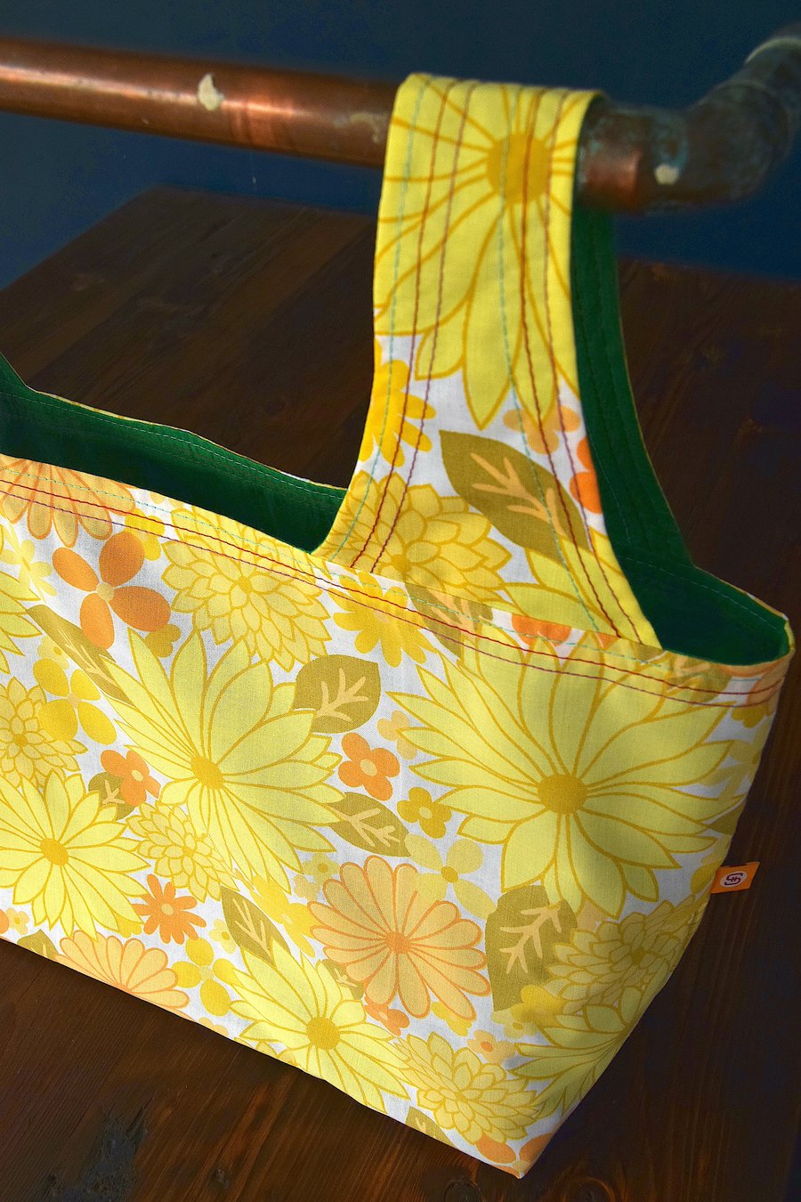shopping bag – yellow flower print with green Indian cotton interior