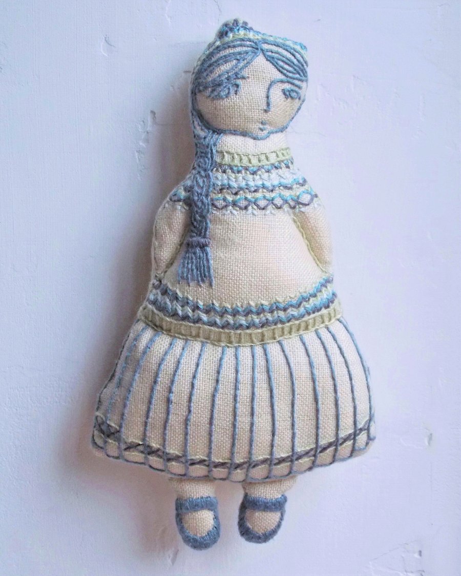 Bridgette - A Hand Embroidered Textile Art Doll, Eco-friendly, Handmade - 18cms