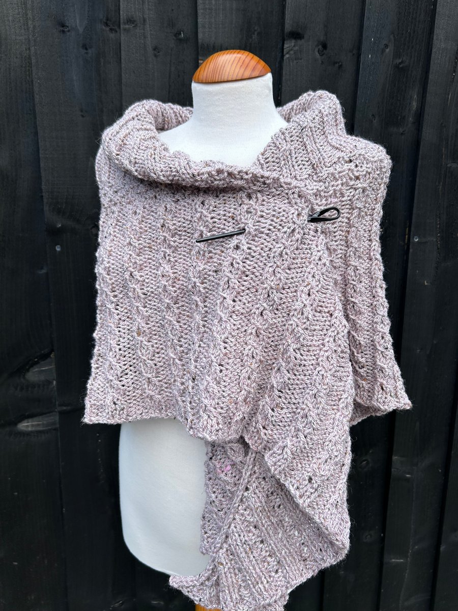 Haze taupe tweed soft wool cables textured shallow triangle shawl wrap 