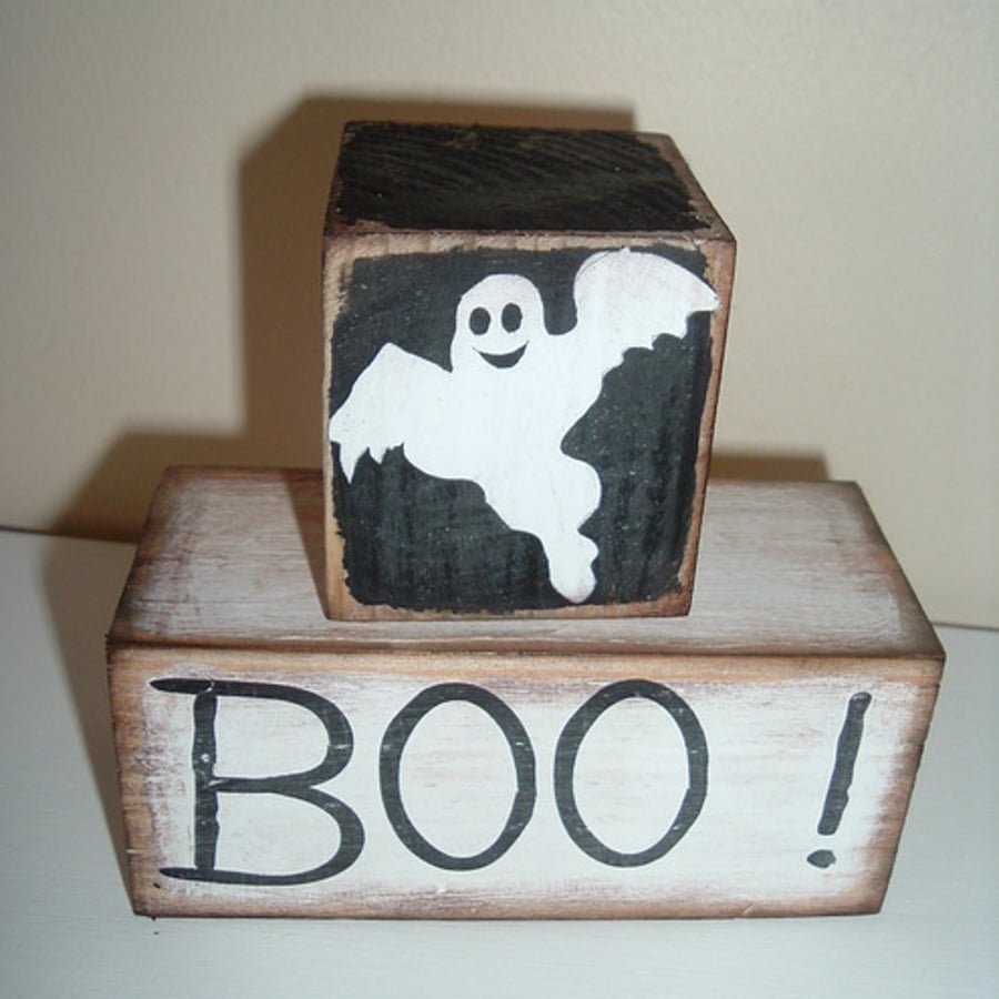 shabby chic distressed blocks-BOO ! halloween shelf sitters