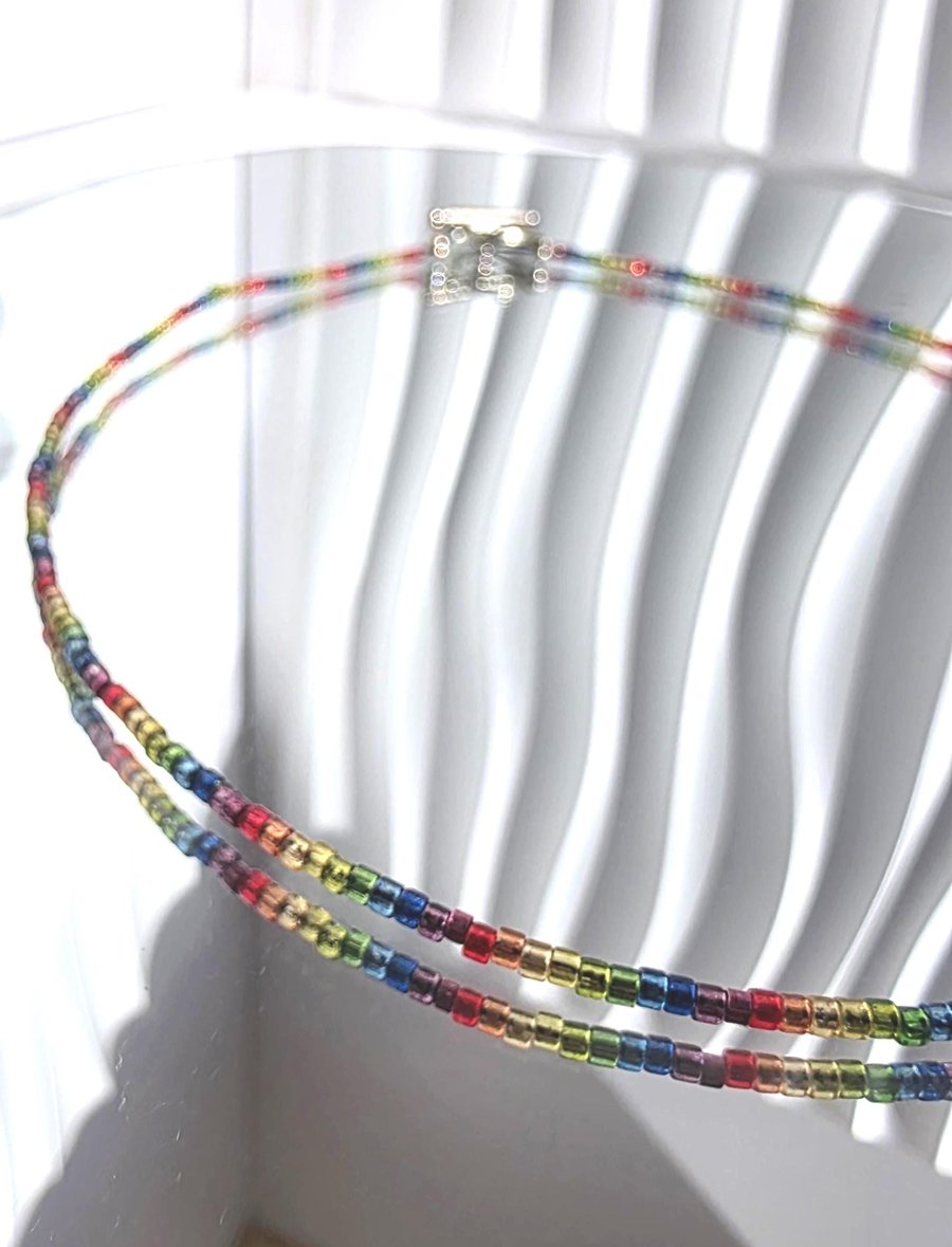 Image of Rainbow Seed Bead Choker Necklace Minimalist Multi-Coloured Jewellery