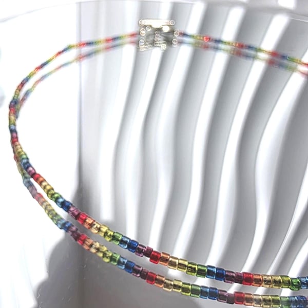 Rainbow Seed Bead Choker Necklace Minimalist Multi-Coloured Jewellery
