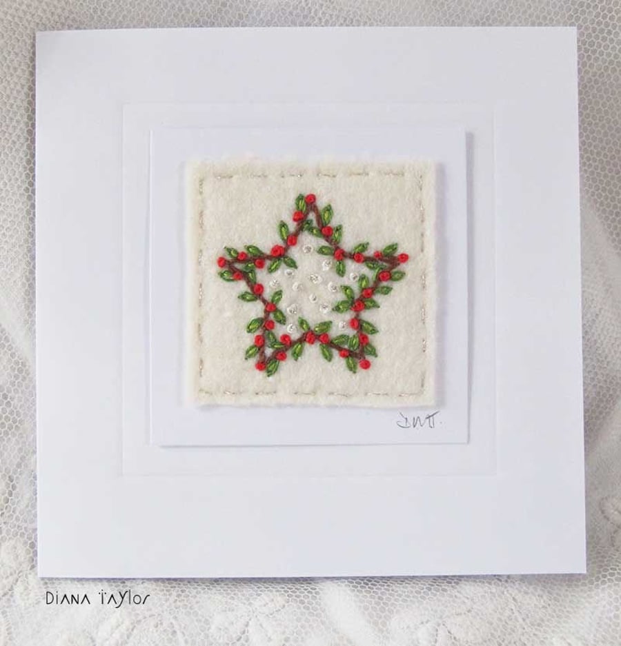 HAND EMBROIDERED CHRISTMAS CARD STAR FOLIAGE