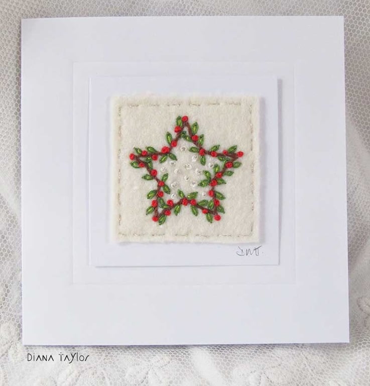 HAND EMBROIDERED CHRISTMAS CARD STAR FOLIAGE