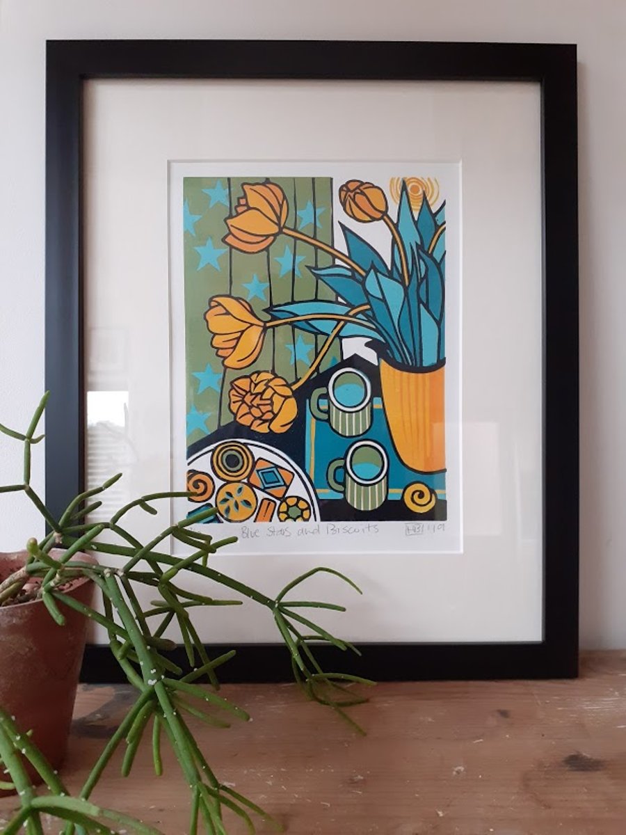  Original limited edition handmade linocut print - ' Blue Stars and Biscuits'