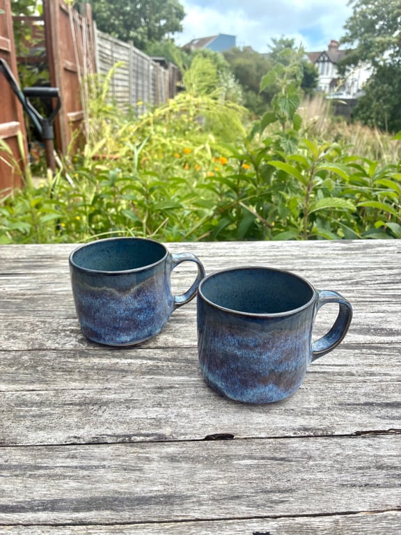 2 x Handmade Dark Blue Ceramic Cups - Stoneware Coffee Mugs (260ml, 9oz)