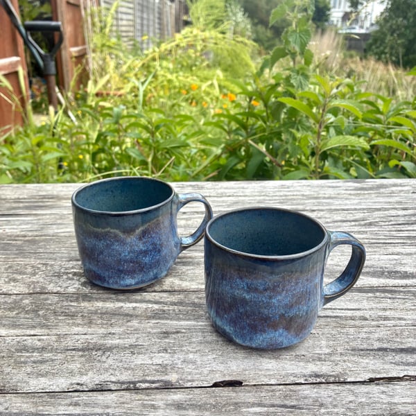 2 x Handmade Dark Blue Ceramic Cups - Stoneware Coffee Mugs (260ml, 9oz)