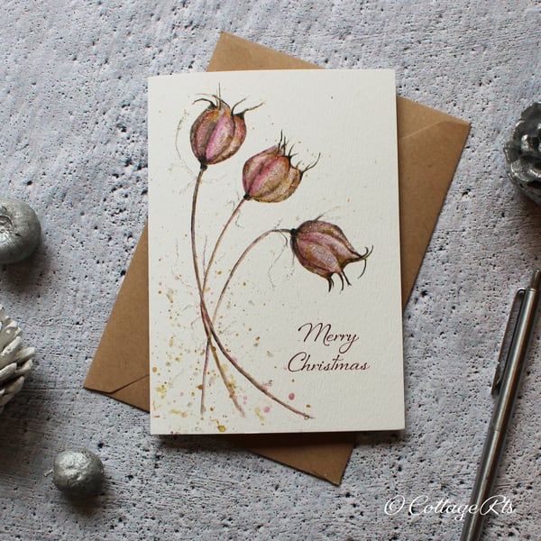 Watercolour Nigella Seed Head Christmas Card Hand Finished By CottageRts