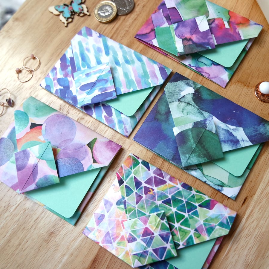 Origami Envelope Set 5 - Abstract patterns in summer purples, blues and greens