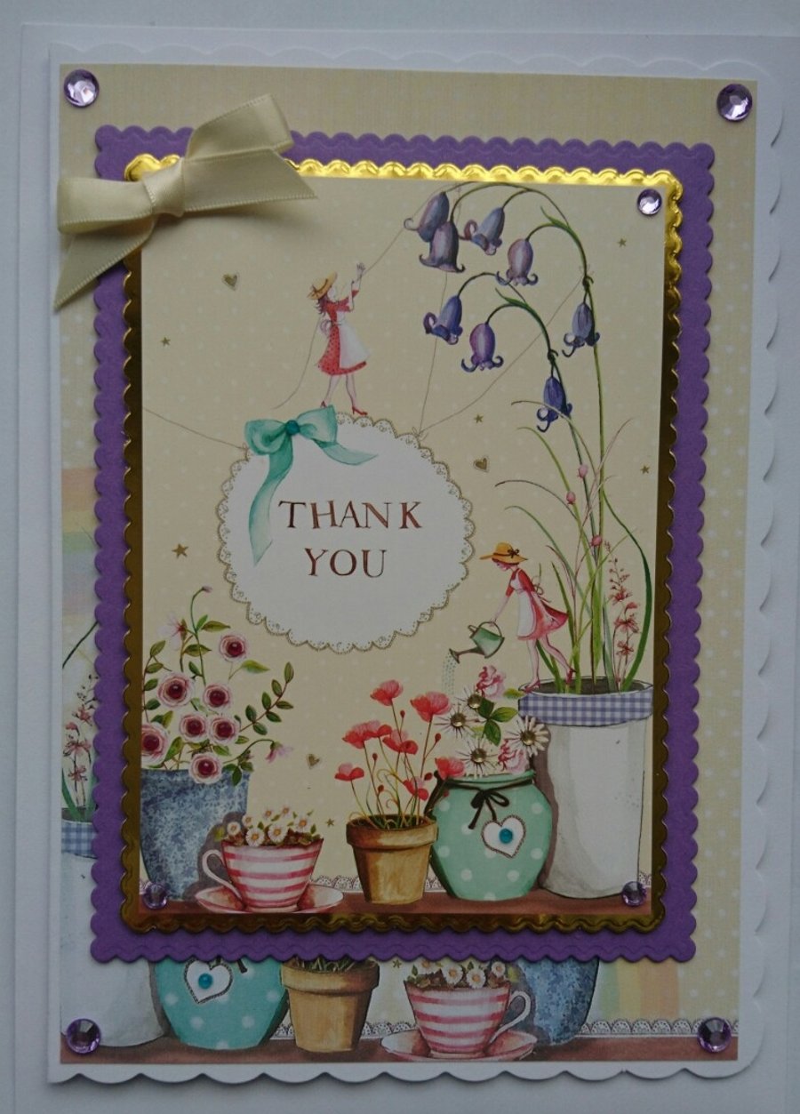 3D Luxury Handmade Card Thank You Flowers Lady Gardening Pots Watering Can