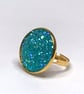 AQUAMARINE GLITTER RING gold plated adjustable 20 mm faux druzy  - Image 7