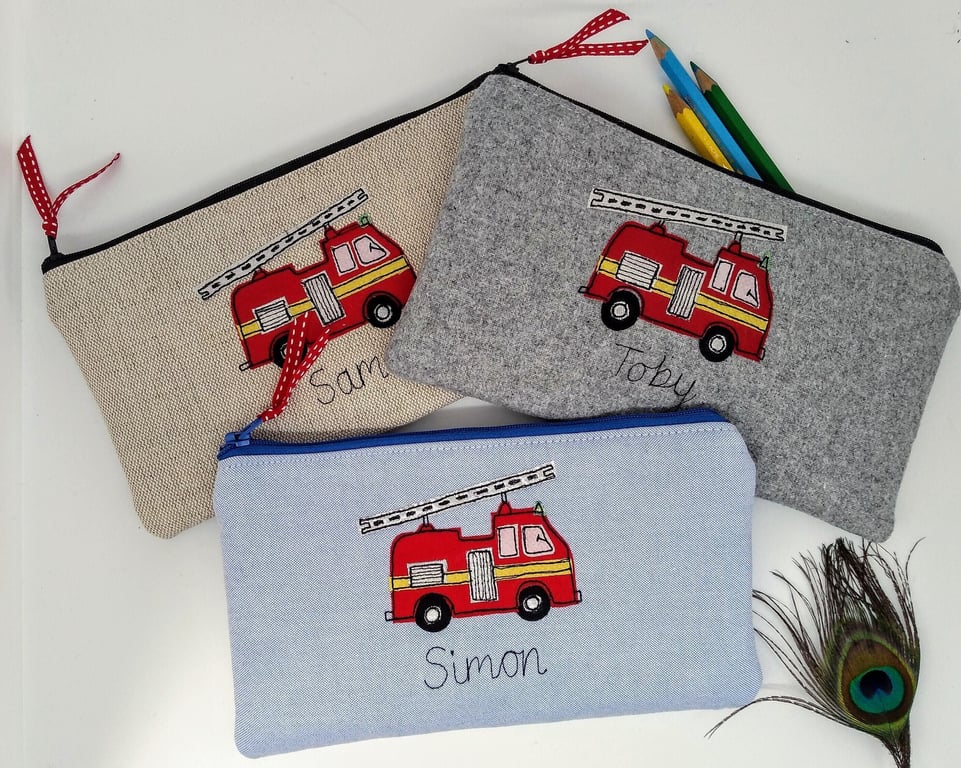 Personalised Fire Engine Pencil Case - Custom Pen Pouch with Fire Truck Motif 