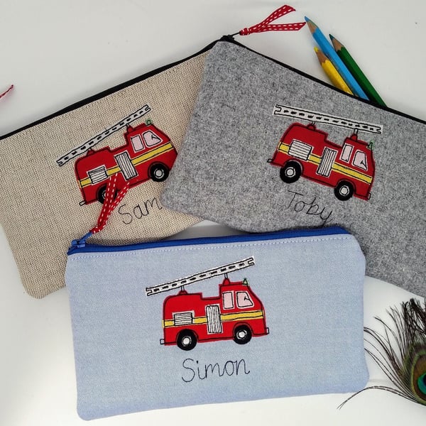 Personalised Fire Engine Pencil Case - Custom Pen Pouch with Fire Truck Motif 