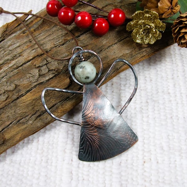 Angel Hanging Decoration. Copper with Kiwi Jasper Gemstone
