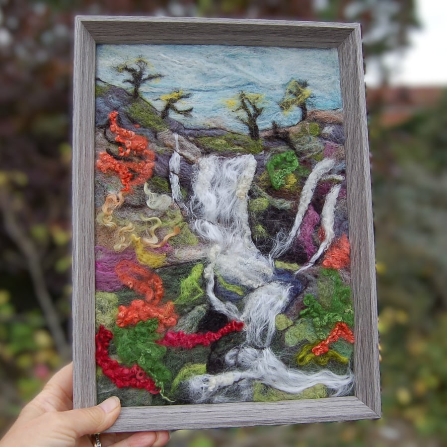 Textile art picture - Waterfall -  Needle felted using wool fibres