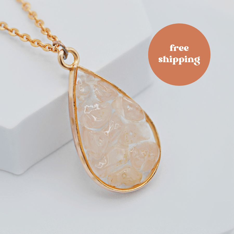 Rose Quartz Rose Gold plated Teardrop Worry Stone Necklace - Free Postage