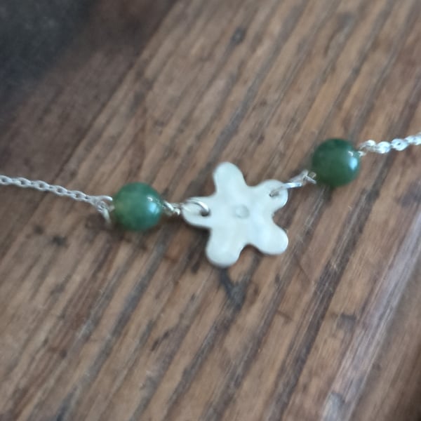 Silver flower pendant with green aventurine beads and silver necklace