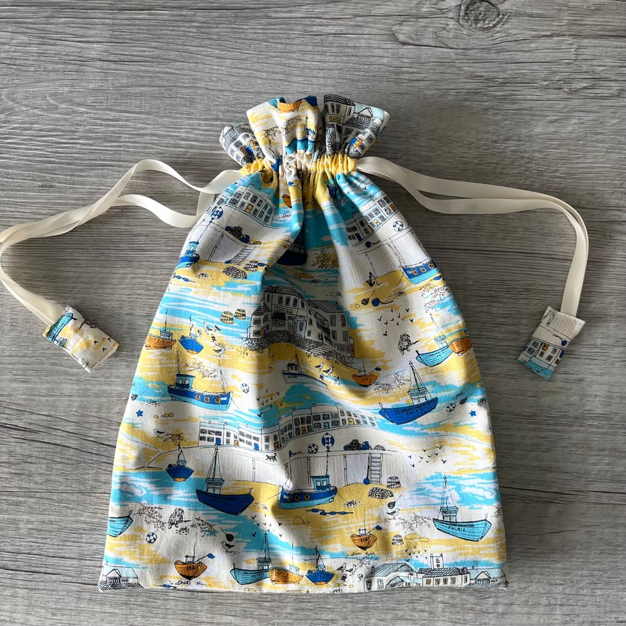 Fully Lined Coastal Print Drawstring Gift or Storage Bag