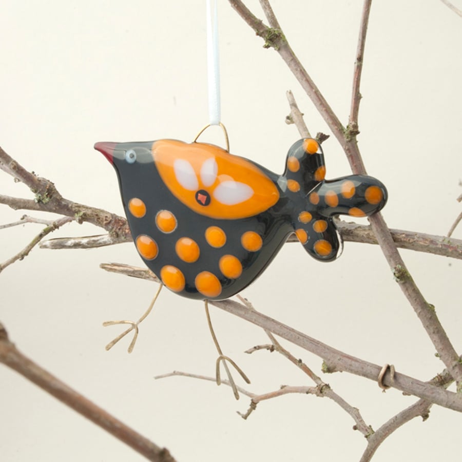 Fused Glass Black and Orange Spotty Bird Decoration