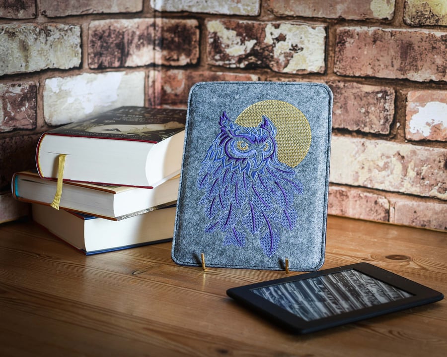 Owl felt and leather Kindle ereader ebook sleeve case