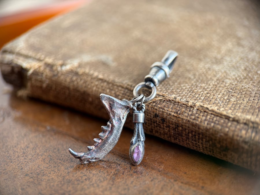 Sterling Silver Weasel Jaw and Leaf Bud Pendant Charm