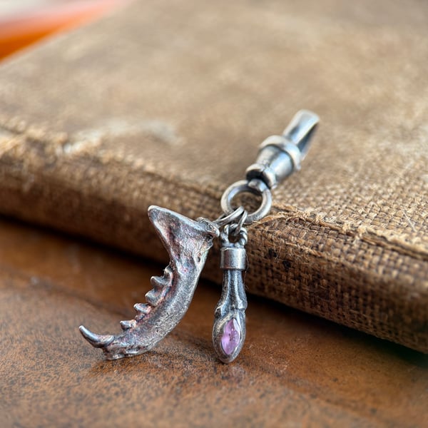 Sterling Silver Weasel Jaw and Leaf Bud Pendant Charm