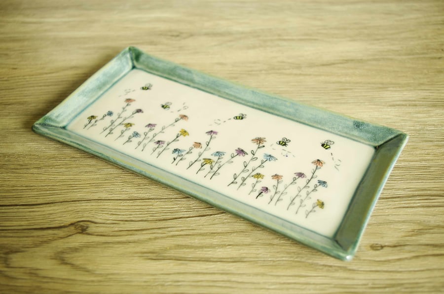 Small Rectangle Dish - Bee and Flowers