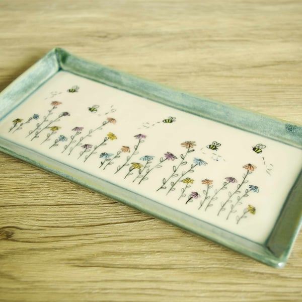 Small Rectangle Dish - Bee and Flowers