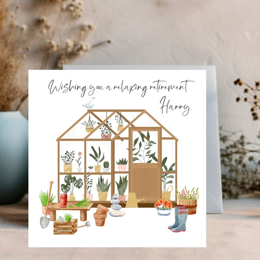 Retirement Card - Personalised Greenhouse - perfect for the Gardener 