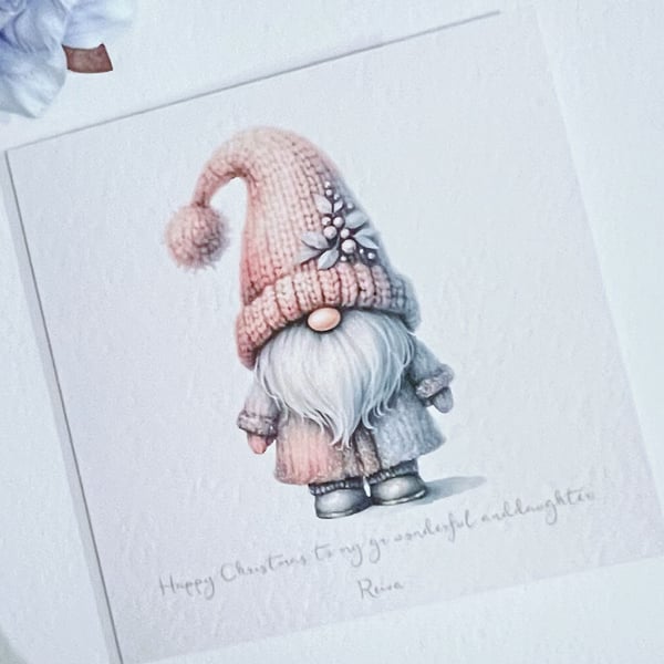 Christmas card with pink watercolour gonk gnome personalised 