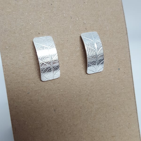 Silver Leaf Textured Curved Stud Earrings