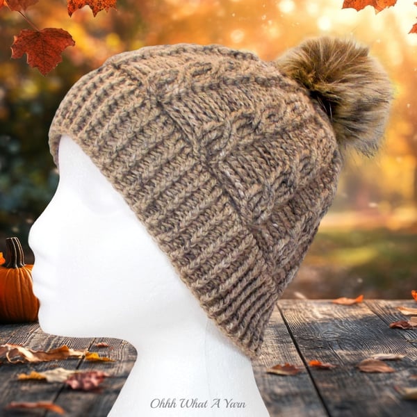 Crochet hat, beanie. Ladies brown marl cable pom pom hat. Ladies hat.