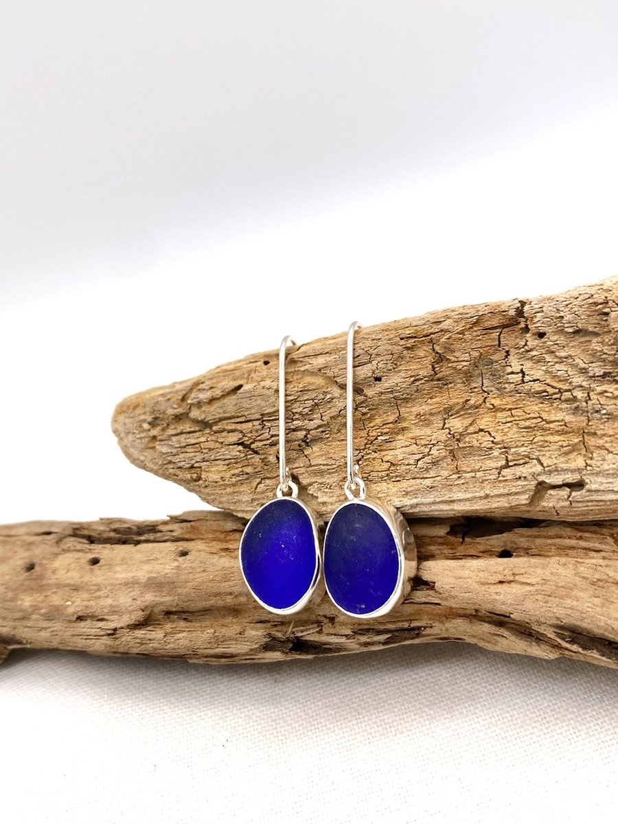 Dark Blue Sea Glass Earrings