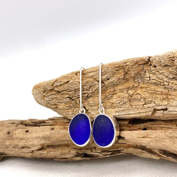 Dark Blue Sea Glass Earrings
