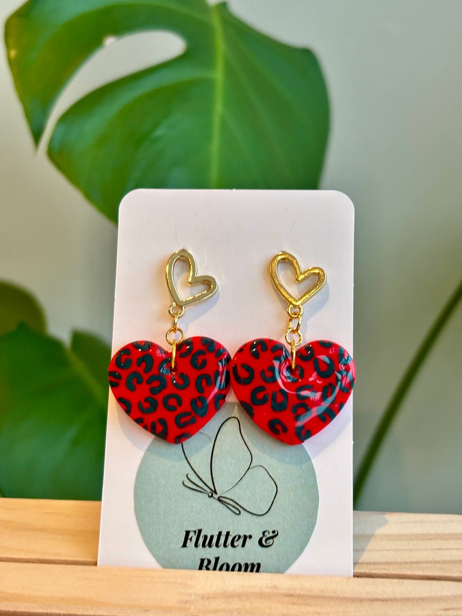 Wild at Heart: Leopard-Print Love Drop Earrings Red 