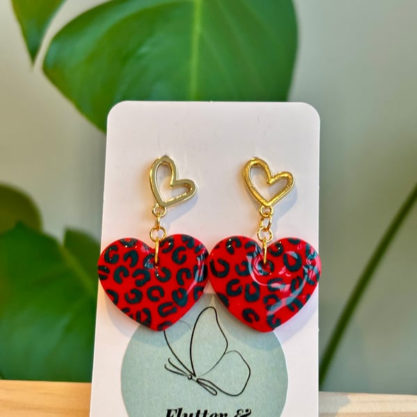 Wild at Heart: Leopard-Print Love Drop Earrings Red 